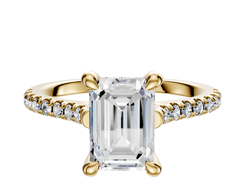 18K Yellow Gold 4 Prong Hidden Halo Cathedral Dome 1-Row-Pave 2.5mm Engagement Ring