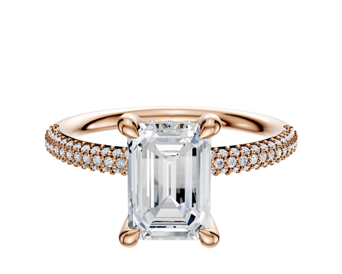 18K Rose Gold 4 Prong Hidden Halo Classic Dome 3-Row-Pave 2.0mm Engagement Ring