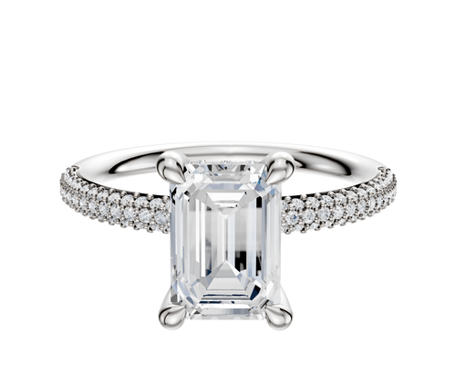 18K White Gold 4 Prong Hidden Halo Classic Dome 3-Row-Pave 2.0mm Engagement Ring