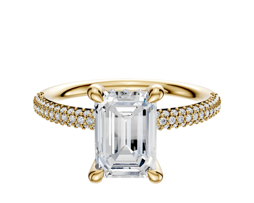 18K Yellow Gold 4 Prong Hidden Halo Classic Dome 3-Row-Pave 2.0mm Engagement Ring
