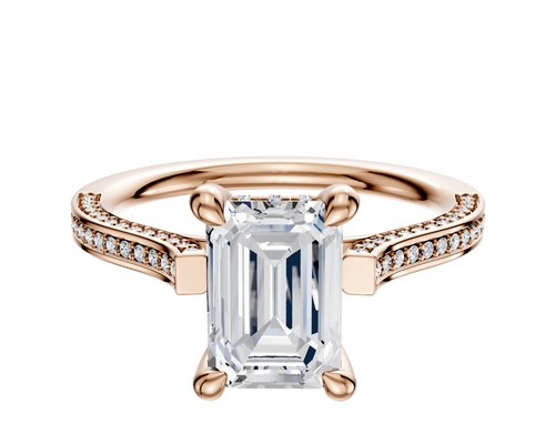 14K Rose Gold 4 Prong Hidden Halo Cathedral Flat 3-Row-Pave 2.0mm Engagement Ring