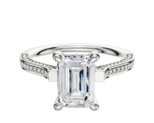 14K White Gold 4 Prong Hidden Halo Cathedral Flat 3-Row-Pave 2.0mm Engagement Ring