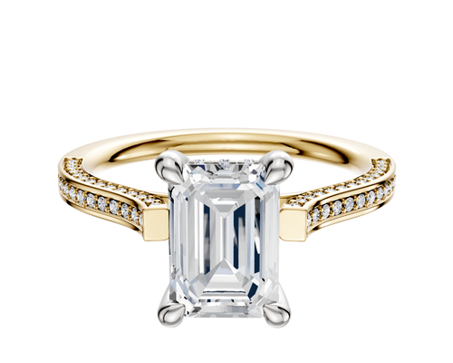 14K Two Tone 4 Prong Hidden Halo Cathedral Flat 3-Row-Pave 2.0mm Engagement Ring