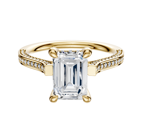 14K Yellow Gold 4 Prong Hidden Halo Cathedral Flat 3-Row-Pave 2.0mm Engagement Ring
