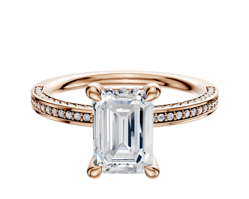 14K Rose Gold 4 Prong Hidden Halo Classic Flat 3-Row-Pave 2.0mm Engagement Ring