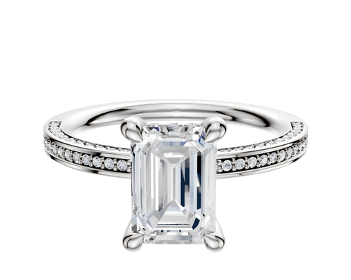 14K White Gold 4 Prong Hidden Halo Classic Flat 3-Row-Pave 2.0mm Engagement Ring