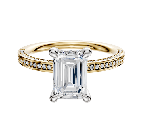 18K Two Tone 4 Prong Hidden Halo Classic Flat 3-Row-Pave 2.0mm Engagement Ring