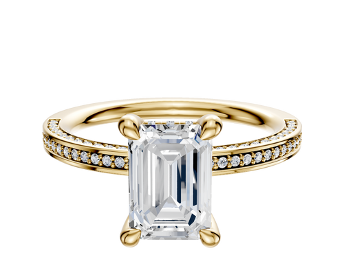 14K Yellow Gold 4 Prong Hidden Halo Classic Flat 3-Row-Pave 2.0mm Engagement Ring