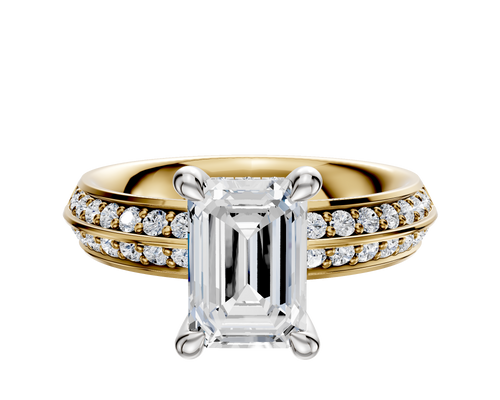 18K Two Tone 4 Prong Hidden Halo Classic Knife Edge 1-Row-Pave 2.5mm Engagement Ring