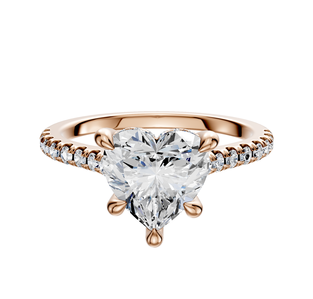 The 14K Rose Gold 4 Prong Hidden Halo Cathedral Dome 1-Row-Pave 2.5mm Engagement Ring features a striking center stone and round accent diamonds along the band for added sparkle.