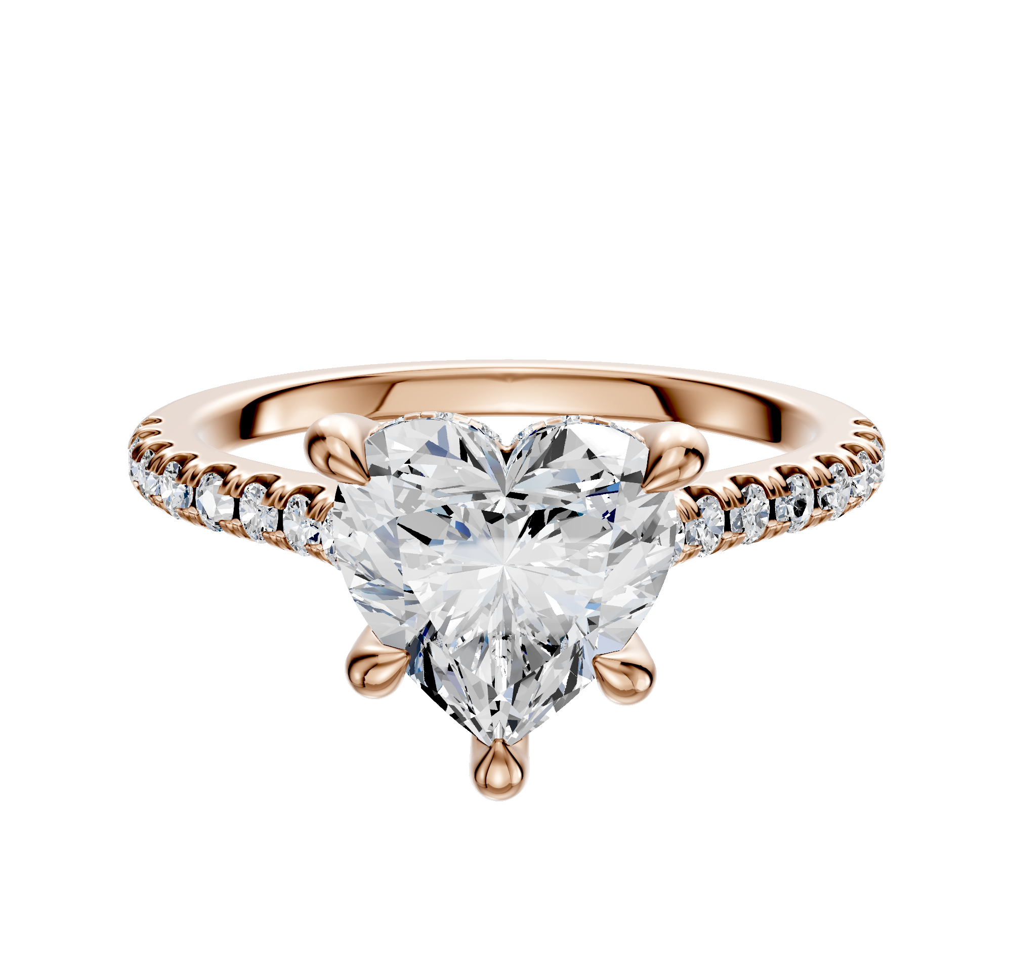 The 14K Rose Gold 4 Prong Hidden Halo Cathedral Dome 1-Row-Pave 2.5mm Engagement Ring features a striking center stone and round accent diamonds along the band for added sparkle.