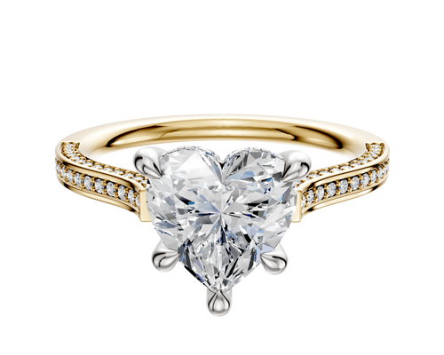 14K Two Tone 4 Prong Hidden Halo Cathedral Flat 3-Row-Pave 2.0mm Engagement Ring