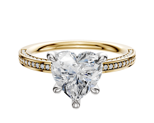 14K Two Tone 4 Prong Hidden Halo Classic Flat 3-Row-Pave 2.0mm Engagement Ring