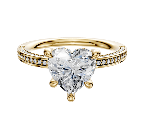 18K Yellow Gold 4 Prong Hidden Halo Classic Flat 3-Row-Pave 2.0mm Engagement Ring