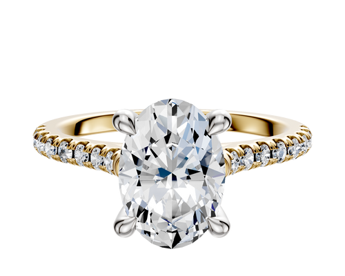 18K Two Tone 4 Prong Hidden Halo Cathedral Dome 1-Row-Pave 2.5mm Engagement Ring