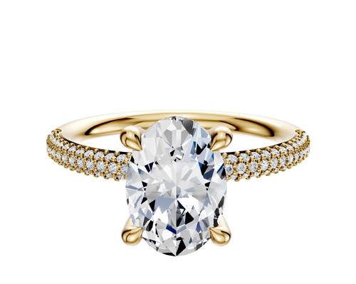 18K Yellow Gold 4 Prong Hidden Halo Classic Dome 3-Row-Pave 2.0mm Engagement Ring