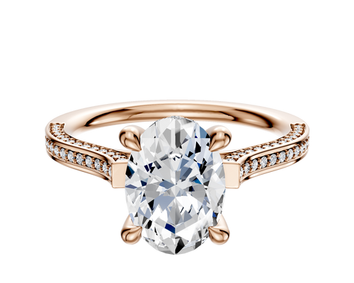 18K Rose Gold 4 Prong Hidden Halo Cathedral Flat 3-Row-Pave 2.0mm Engagement Ring