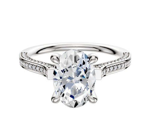 18K White Gold 4 Prong Hidden Halo Cathedral Flat 3-Row-Pave 2.0mm Engagement Ring