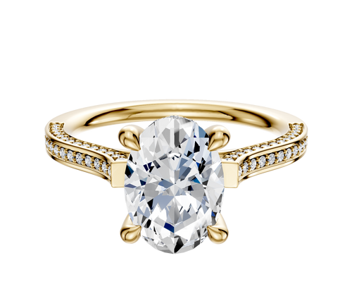 18K Yellow Gold 4 Prong Hidden Halo Cathedral Flat 3-Row-Pave 2.0mm Engagement Ring