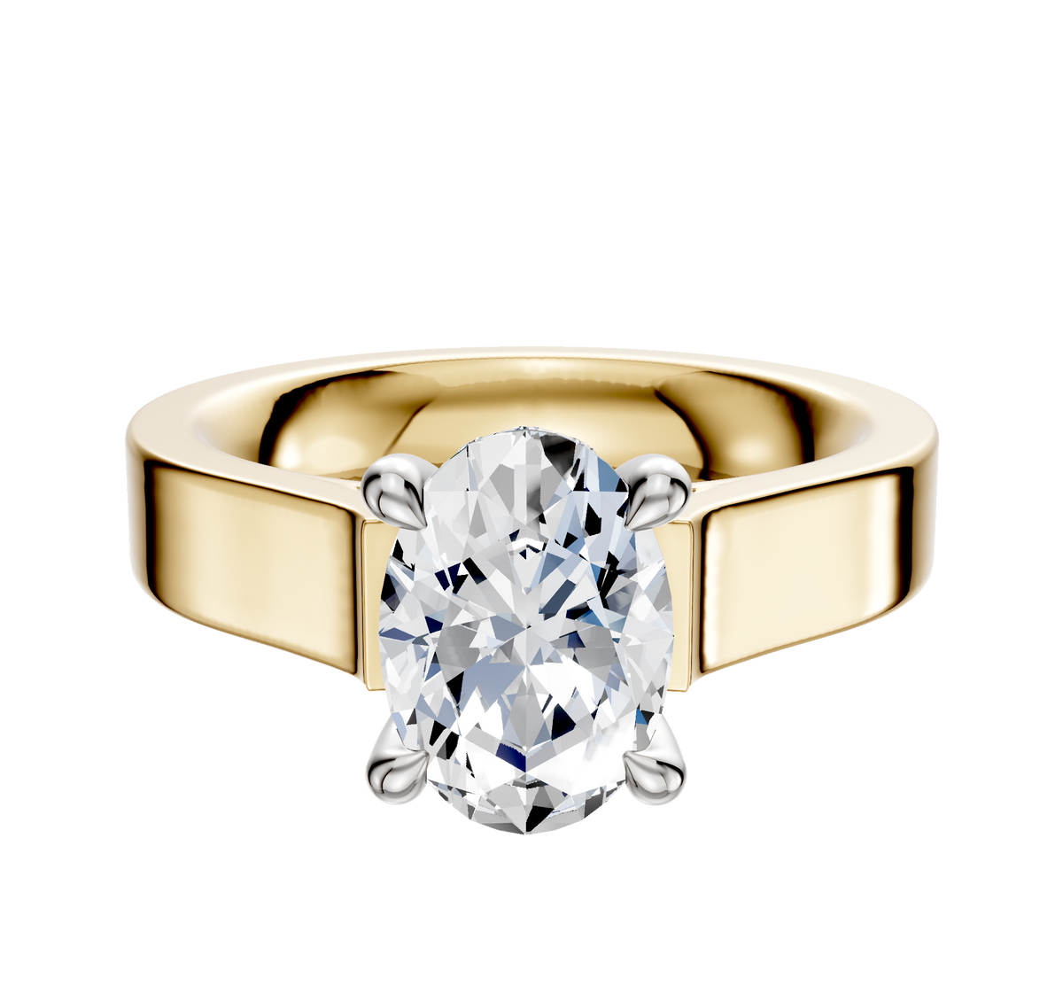 An 18K two-tone engagement ring with a flat 4.0mm band featuring a large diamond solitaire in a 4-prong hidden halo cathedral setting.