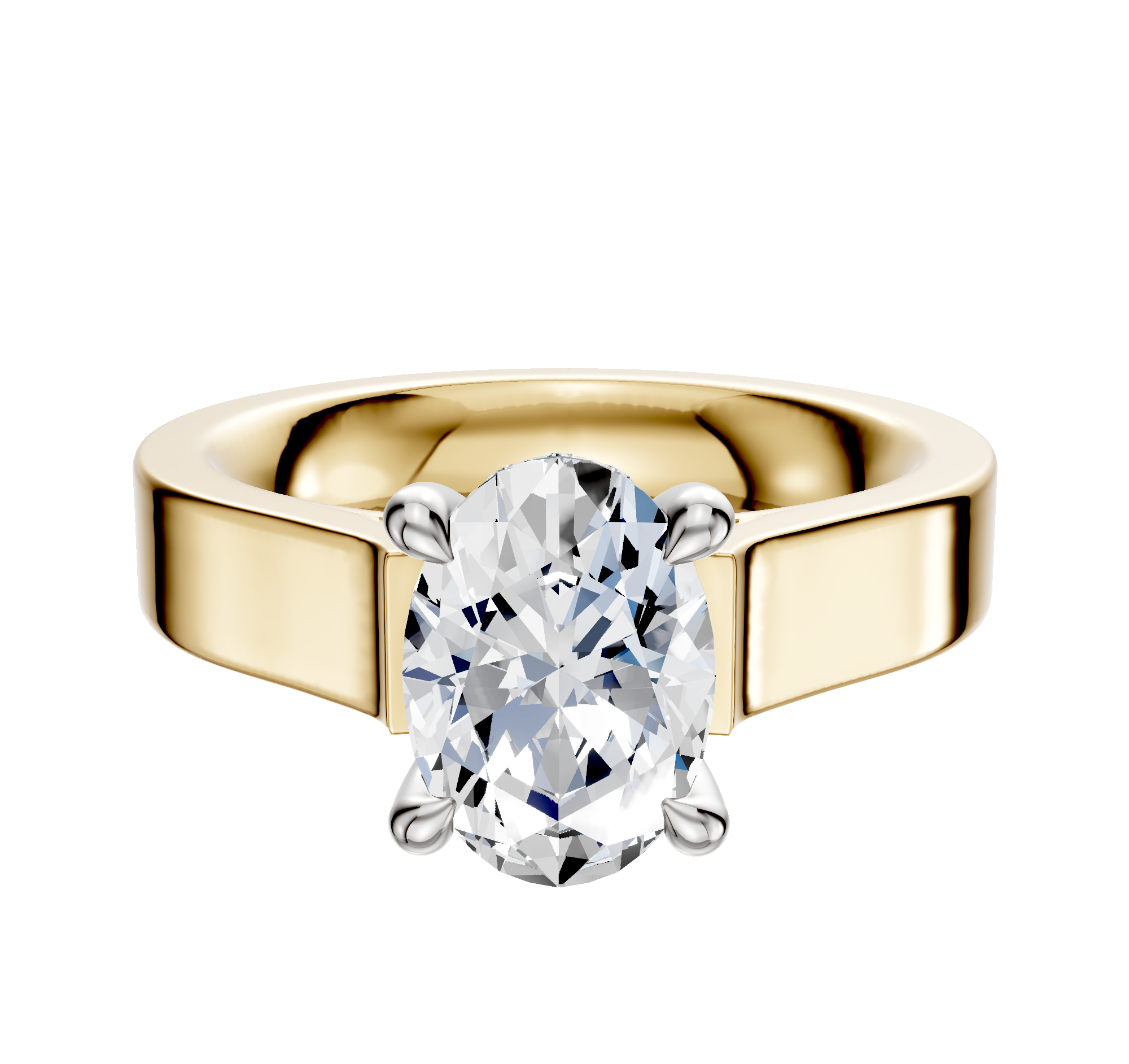 An 18K two-tone engagement ring with a flat 4.0mm band featuring a large diamond solitaire in a 4-prong hidden halo cathedral setting.
