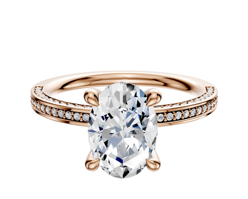 18K Rose Gold 4 Prong Hidden Halo Classic Flat 3-Row-Pave 2.0mm Engagement Ring