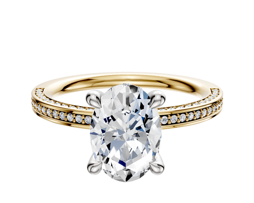 18K Two Tone 4 Prong Hidden Halo Classic Flat 3-Row-Pave 2.0mm Engagement Ring