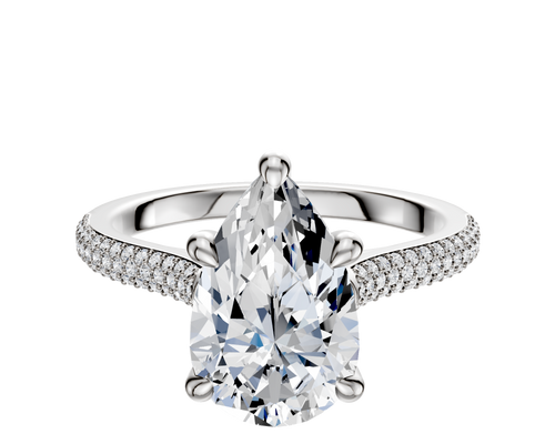 18K White Gold 4 Prong Hidden Halo Cathedral Dome 3-Row-Pave 2.0mm Engagement Ring