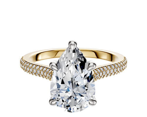 14K Two Tone 4 Prong Hidden Halo Cathedral Dome 3-Row-Pave 2.0mm Engagement Ring