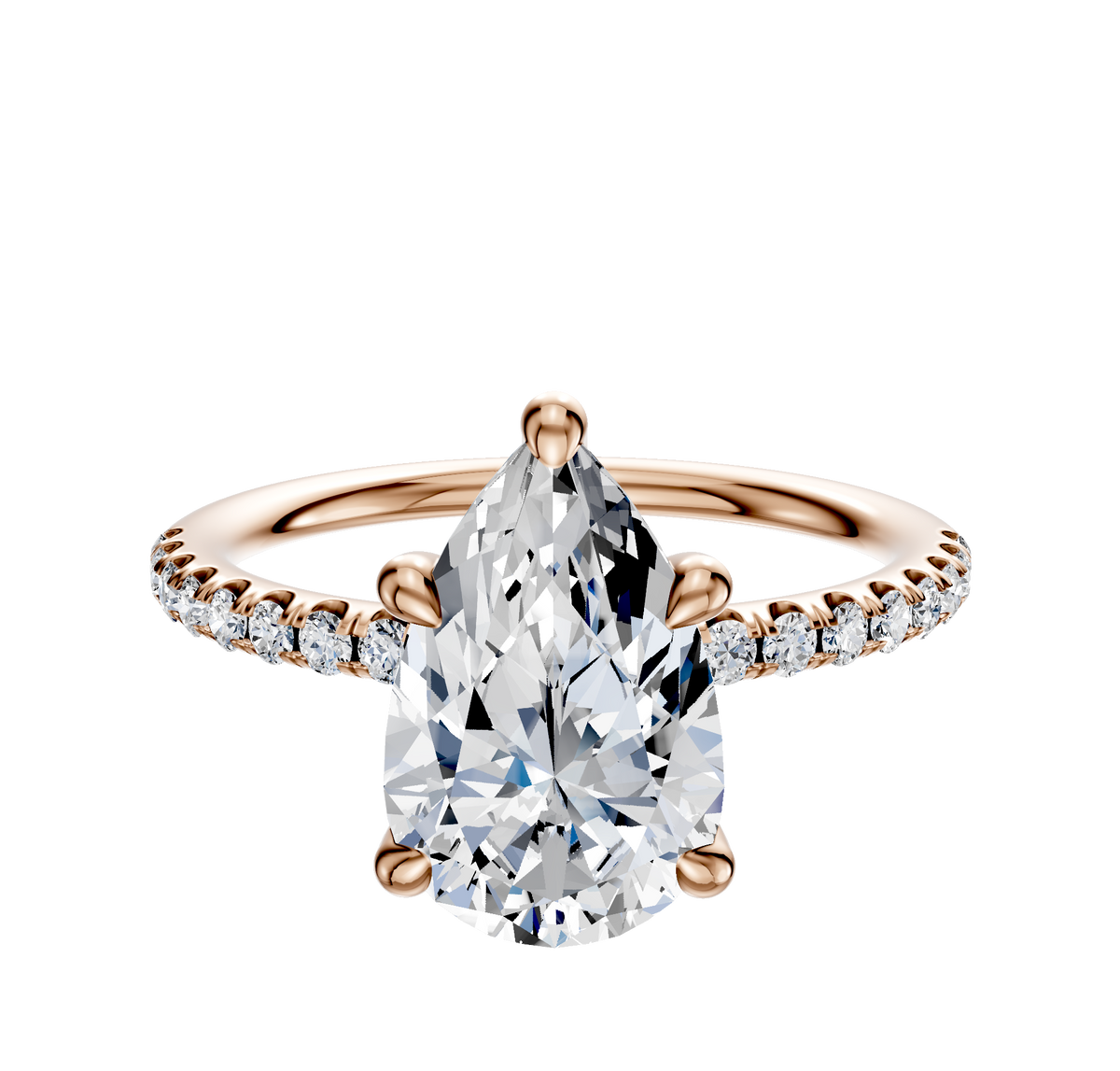 The 14K Rose Gold 4 Prong Hidden Halo Classic Dome 1-Row-Pave 2.5mm Engagement Ring features a rose gold band with small round diamonds set in a classic dome pave design.