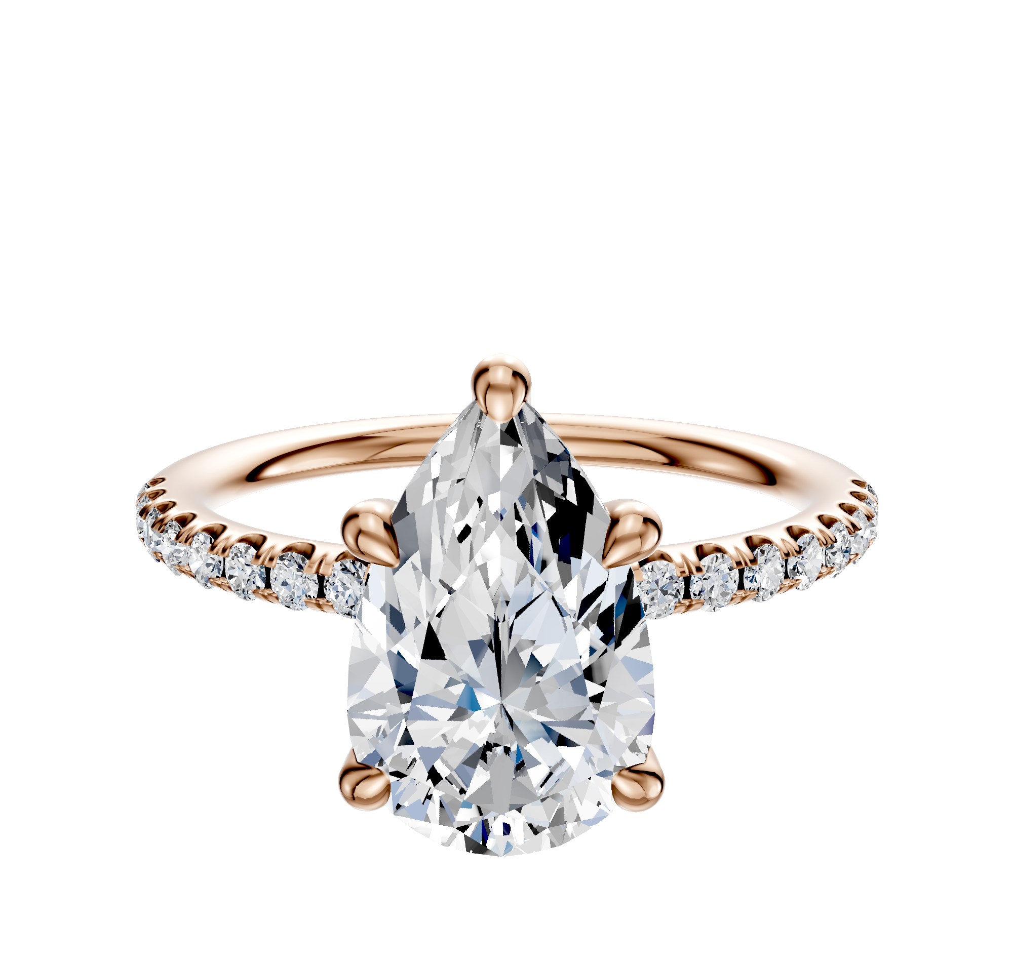 The 14K Rose Gold 4 Prong Hidden Halo Classic Dome 1-Row-Pave 2.5mm Engagement Ring features a rose gold band with small round diamonds set in a classic dome pave design.