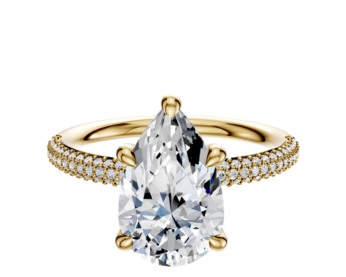 18K Yellow Gold 4 Prong Hidden Halo Classic Dome 3-Row-Pave 2.0mm Engagement Ring