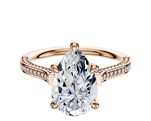 18K Rose Gold 4 Prong Hidden Halo Cathedral Flat 3-Row-Pave 2.0mm Engagement Ring