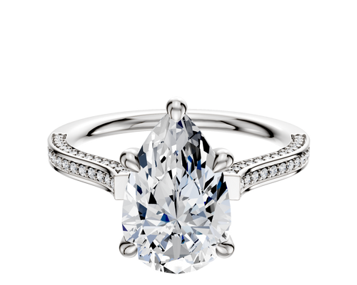 18K White Gold 4 Prong Hidden Halo Cathedral Flat 3-Row-Pave 2.0mm Engagement Ring