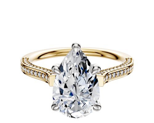 14K Two Tone 4 Prong Hidden Halo Cathedral Flat 3-Row-Pave 2.0mm Engagement Ring