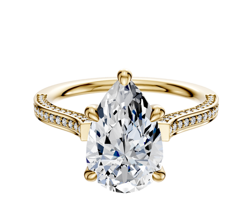 18K Yellow Gold 4 Prong Hidden Halo Cathedral Flat 3-Row-Pave 2.0mm Engagement Ring