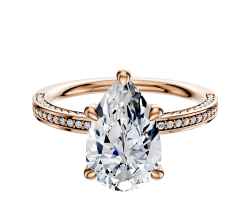 18K Rose Gold 4 Prong Hidden Halo Classic Flat 3-Row-Pave 2.0mm Engagement Ring