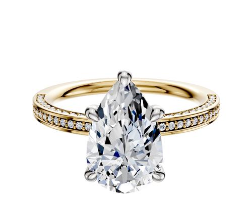 18K Two Tone 4 Prong Hidden Halo Classic Flat 3-Row-Pave 2.0mm Engagement Ring