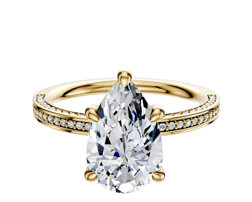 14K Yellow Gold 4 Prong Hidden Halo Classic Flat 3-Row-Pave 2.0mm Engagement Ring
