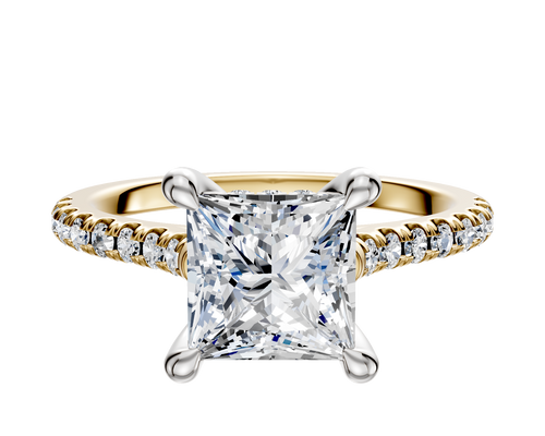 18K Two Tone 4 Prong Hidden Halo Cathedral Dome 1-Row-Pave 2.5mm Engagement Ring