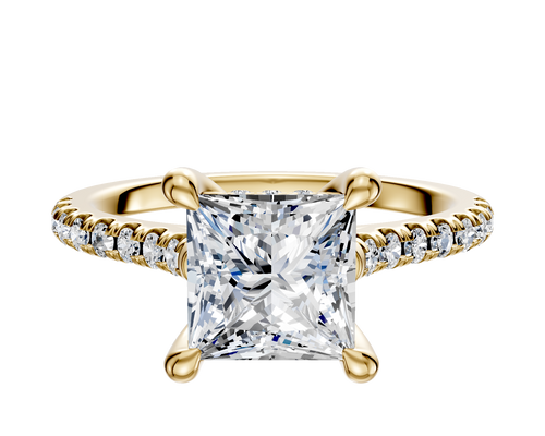 14K Yellow Gold 4 Prong Hidden Halo Cathedral Dome 1-Row-Pave 2.5mm Engagement Ring
