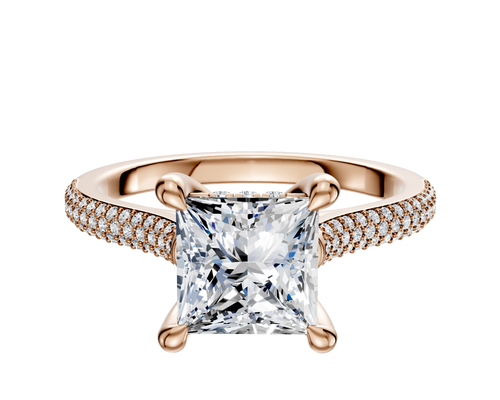 18K Rose Gold 4 Prong Hidden Halo Cathedral Dome 3-Row-Pave 2.0mm Engagement Ring