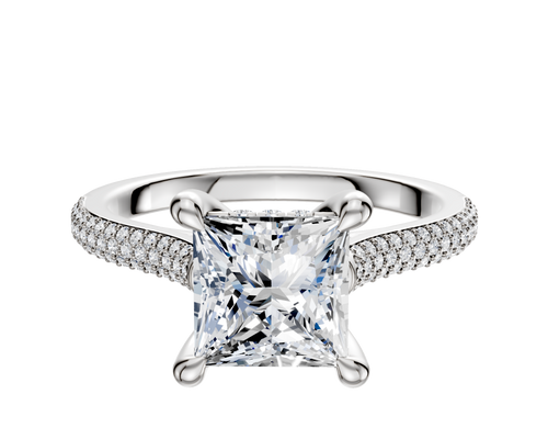 14K White Gold 4 Prong Hidden Halo Cathedral Dome 3-Row-Pave 2.0mm Engagement Ring