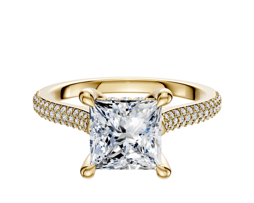 14K Yellow Gold 4 Prong Hidden Halo Cathedral Dome 3-Row-Pave 2.0mm Engagement Ring