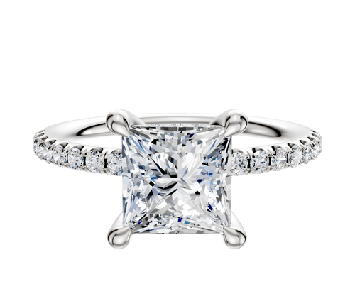 18K White Gold 4 Prong Hidden Halo Classic Dome 1-Row-Pave 2.5mm Engagement Ring