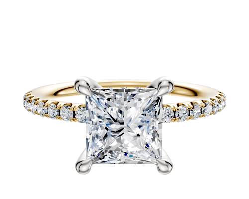 14K Two Tone 4 Prong Hidden Halo Classic Dome 1-Row-Pave 2.5mm Engagement Ring