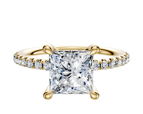 14K Yellow Gold 4 Prong Hidden Halo Classic Dome 1-Row-Pave 2.5mm Engagement Ring