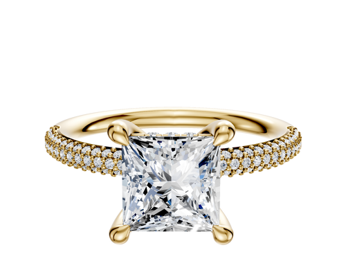 18K Yellow Gold 4 Prong Hidden Halo Classic Dome 3-Row-Pave 2.0mm Engagement Ring