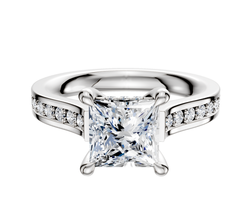 18K White Gold 4 Prong Hidden Halo Cathedral Flat 1-Row-Pave 2.5mm Engagement Ring