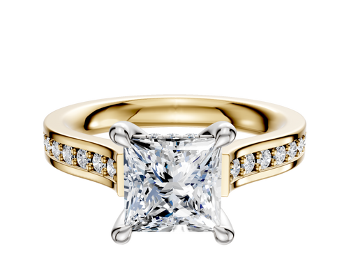 14K Two Tone 4 Prong Hidden Halo Cathedral Flat 1-Row-Pave 2.5mm Engagement Ring